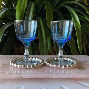 Unique Pair of Hand Blown Stemmed Cocktail Glasses Vintage Wine Cordial Barware